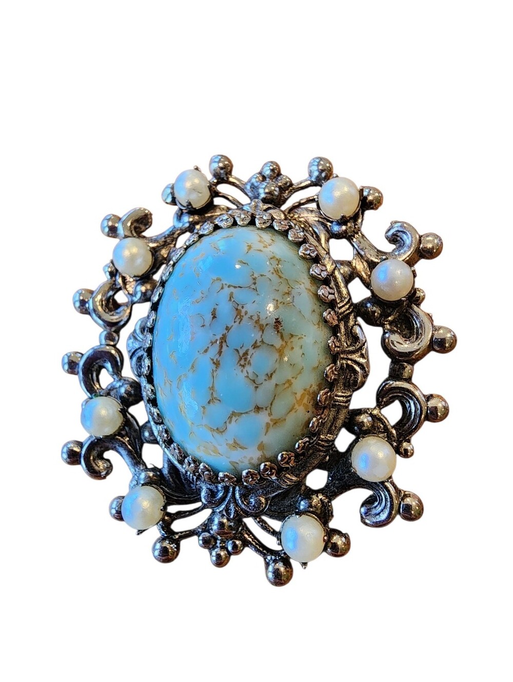 Vintage Victorian Revival Turquoise And Pearl Costume Brooch Pendant Combo 60s